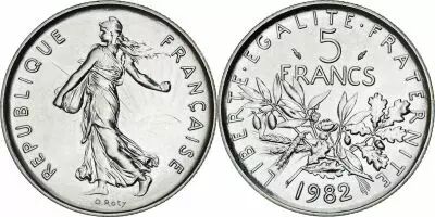 Frankreich  5 Francs Woman sowing seed - KM.926a - 1982