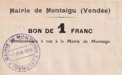 Frankreich 1 F Montaigu - City Hall of Montaigu - 01-04-1916