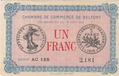 Frankreich 1 Franc - Belfort Chamber of Commerce - 18-08-1915 - Serial AC.128