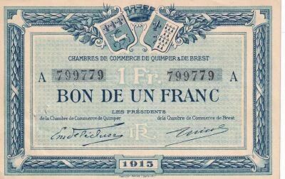 Frankreich 1 Franc - Chamber of Commerce - Quimper and Brest - 1915 - Serial A