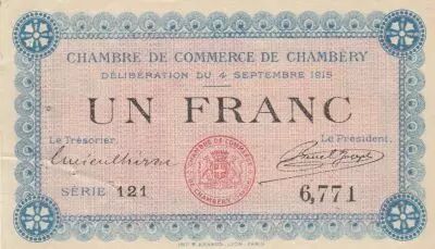 Frankreich 1 Franc - Chambery Chamber of Commerce - 04-09-1915 - Serial 121