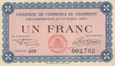 Frankreich 1 Franc - Chambery Chamber of Commerce - 12-04-1920 - Serial 259