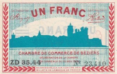 Frankreich 1 Franc - Chambre de Commerce - B�ziers -  1918 - S�rie ZD 35.44