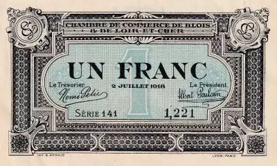 Frankreich 1 Franc - Chambre de Commerce - Blois - Loir-et-cher - 02-07-1918 - S�rie 141