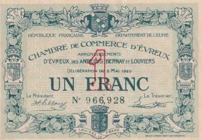 Frankreich 1 Franc - Chambre de Commerce - �vreux - 11-01-1917