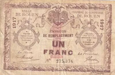 Frankreich 1 Franc - Chambre de Commerce - Rouen - �mission de remplacement - 1917
