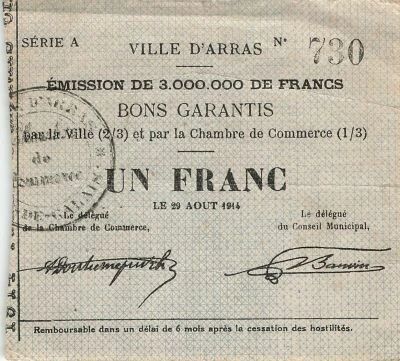 Frankreich 1 Franc - City of Arras - 29-08-1914 - Serial A
