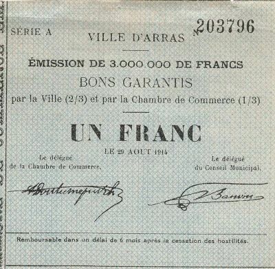 Frankreich 1 Franc - City of Arras - 29-08-1914 - Serial A