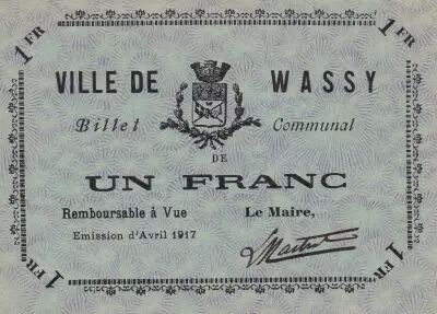 Frankreich 1 Franc - City of Wassy - April 1917