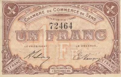 Frankreich 1 Franc - Sens - Chamber of Commerce - 04-09-1915