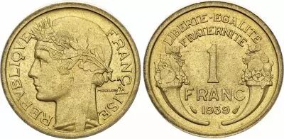 Frankreich 1 Franc Laureate head - 1935