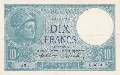 Frankreich 10 Francs - Minerva - 13-08-1918 - Serial Q.6374 - P.73