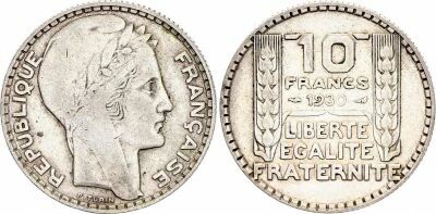 Frankreich 10 Francs Laureate head - 1930 Silver