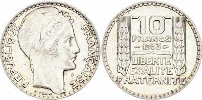 Frankreich 10 Francs Laureate head - 1933 Silver