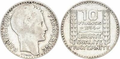 Frankreich 10 Francs Laureate head - 1934 Silver