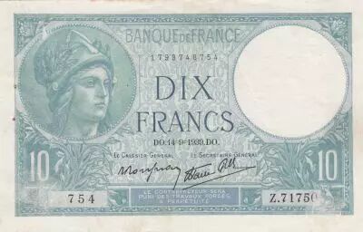Frankreich 10 Francs Minerva - 14-09-1939 Serial Z.71750 - VF