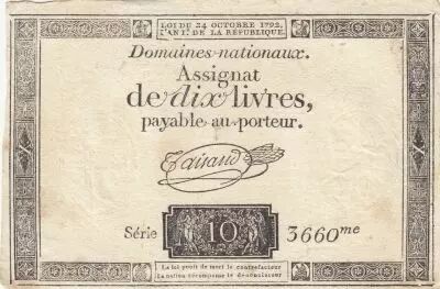 Frankreich 10 Livres - Watermark Fleur de Lys - 24-10-1792 - Sign. Taisaud - Serial 3660