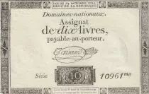 Frankreich 10 Livres - Watermark Republique -  French Revolution - 24-10-1792 - Serial 10961