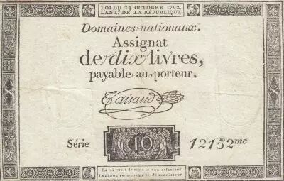 Frankreich 10 Livres - Watermark Republique -  French Revolution - 24-10-1792 - Serial 12152