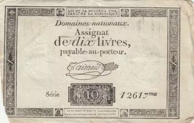 Frankreich 10 Livres - Watermark Republique -  French Revolution - 24-10-1792 - Serial 12617