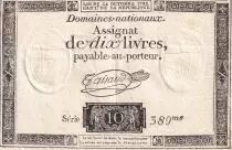 Frankreich 10 Livres Black - Watermark Fleur de Lys - (24-10-1792) - Sign. Taisaud - Serial 389 - P. A.66