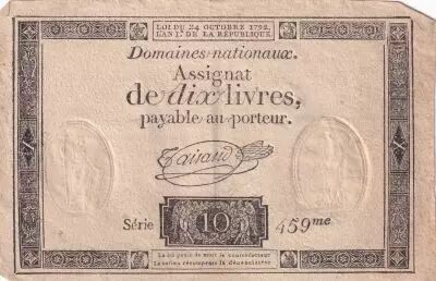 Frankreich 10 Livres Black - Watermark Fleur de Lys - (24-10-1792) - Sign. Taisaud - Serial 459