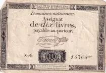 Frankreich 10 Livres Black on white Watermark Republique (24-10-1792) - Sign. Taisaud - Serial 14364