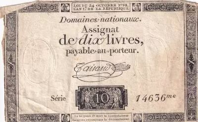 Frankreich 10 Livres Black on white Watermark Republique (24-10-1792) - Sign. Taisaud - Serial 14636