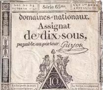 Frankreich 10 Sous - Women with Liberty cap on pole (24-10-1792) - Sign. Guyon - Serial 65 - P.64