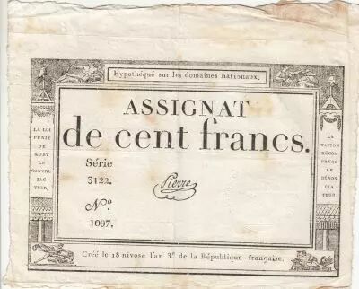 Frankreich 100 Francs - 18 Nivose An III - (07.01.1795) - Sign. Oudry - Serial 3920