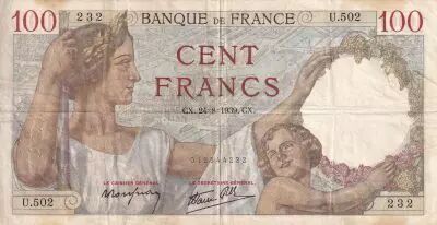 Frankreich 100 Francs - Sully - 24-08-1939 - Serial U.502 - P.94