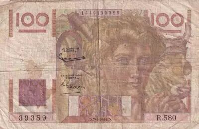 Frankreich 100 Francs - Young farmer - 07-01-1954 - Serial R.580