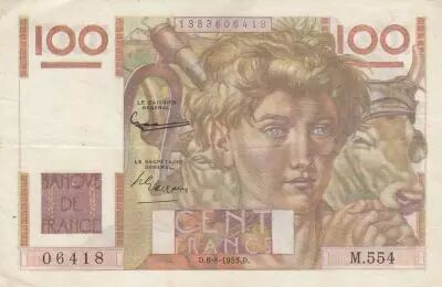 Frankreich 100 Francs - Young farmer - Inverse watermark -  06-08-1953 - Serial M.554 - P.128