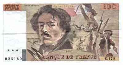 Frankreich 100 Francs Delacroix - 1991 Serial E.170 - Large watermark - VF