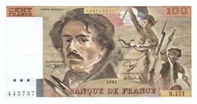 Frankreich 100 Francs Delacroix - 1991 Serial S.171 - Small watermark - VF+
