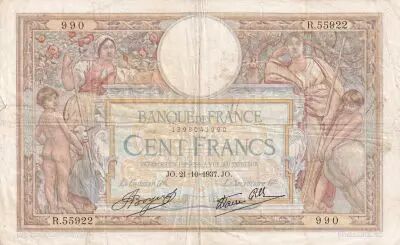 Frankreich 100 Francs Luc Olivier Merson - 21-10-1937 - Serial R.55922