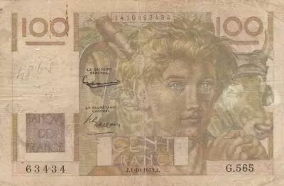 Frankreich 100 Francs Young farmer - Inverted Watermak - 01-10-1953 - Serial G.565