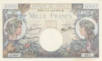 Frankreich 1000 Francs - 13-07-1944 Serial Q.4009 - P.96 - AU