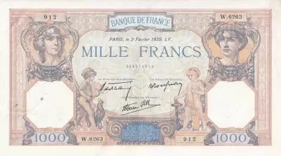 Frankreich 1000 Francs - Ceres and Mercury - 02-02-1939 - Serial W.6263 - P.90