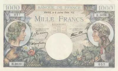 Frankreich 1000 Francs - Commerce and Industry - 06-07-1944 Serial H.3620