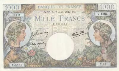 Frankreich 1000 Francs - Commerce and Industry - 20-07-1944 - Serial V.4684
