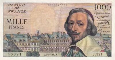 Frankreich 1000 Francs - Richelieu - 07-03-1957 - Serial J.321 - P.134