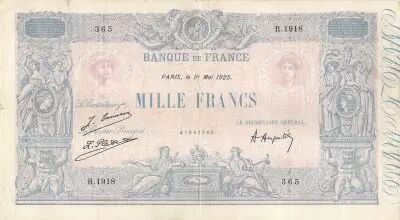 Frankreich 1000 Francs Blue on lilac - 01-05-1925 - Serial R.1918 -  F to VF