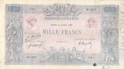Frankreich 1000 Francs Blue on lilac - 09-03-1921 - Serial W.1537 -  F