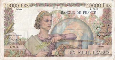Frankreich 10000 Francs Young woman with book and globe - 04-11-1954 - Serial B.7810