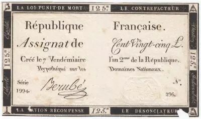 Frankreich 125 Livres - 7 Vend�miaire An II - 1793 - Sign. Berub� - VG to F