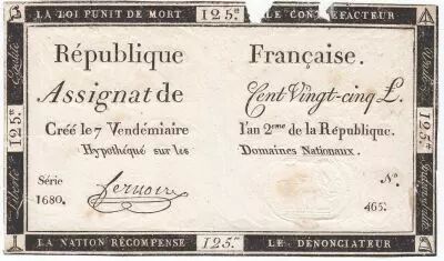 Frankreich 125 Livres - 7 Vend�miaire An II - 1793 - Sign. Bramble - VG to F