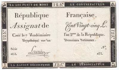 Frankreich 125 Livres - 7 Vend�miaire An II - 1793 - Sign. Laurier - VF+