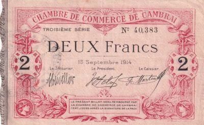 Frankreich 2 Francs - Chamber of Commerce Cambrai  - 15-09-1914 - 3�me S�rie