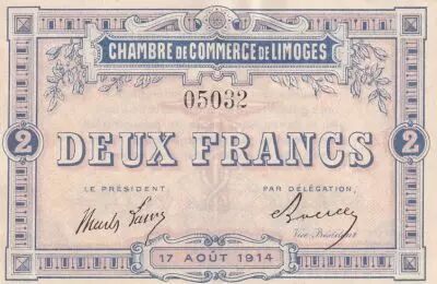 Frankreich 2 Francs - Chambre de Commerce - Limoges  17-08-1914